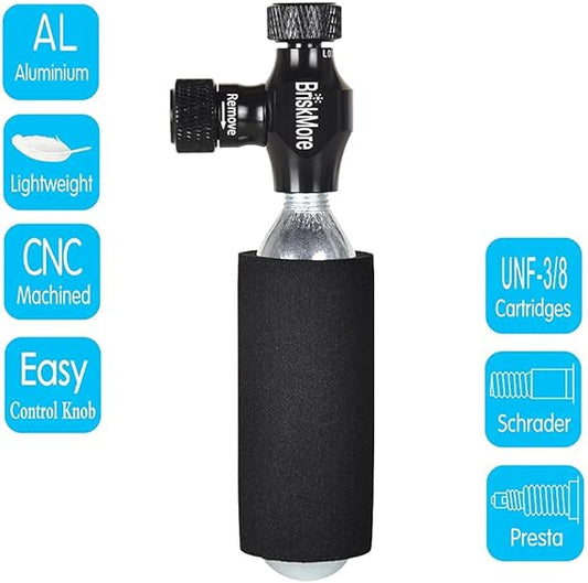 BriskMore CO2 inflator Kit with 5 X 16g CO2 Cartridges for Bike Tires, Presta and Schrader Valve Compatible, Bike Tire Pump for Mountain and Road Bicycles, Included Insulated Sleeve