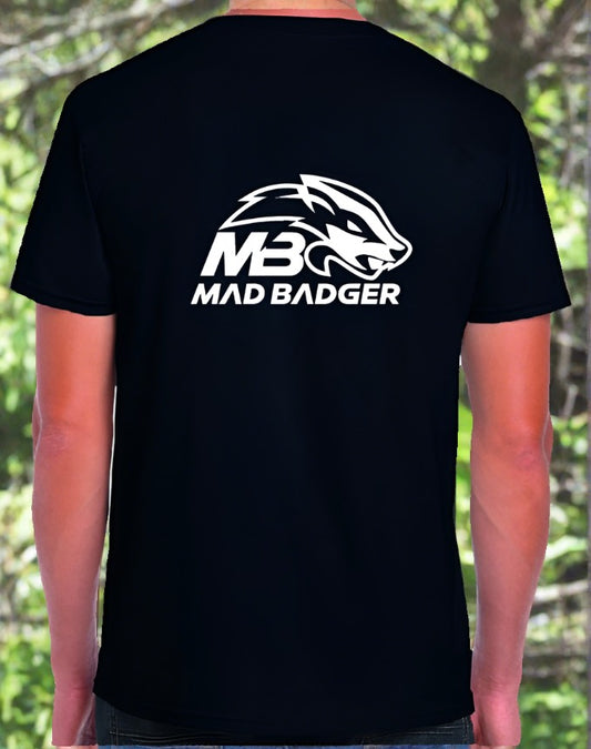 madbadger Black short sleeve tee shirt in with with one large screen printed logo to the back and free uk delivery