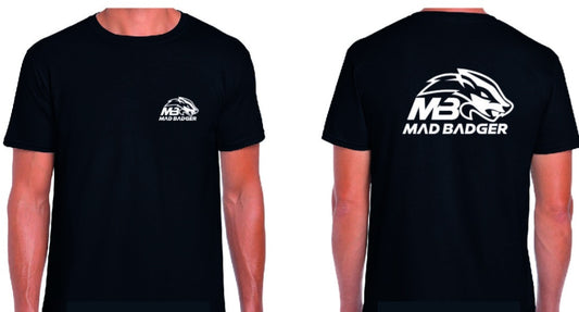 Madbadger short sleeve tee shirt in black with screen printed logo and free uk delivery