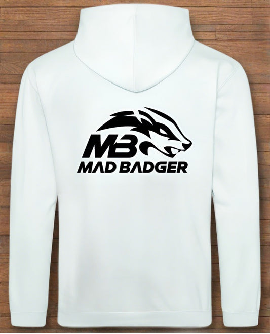 Bright White Madbadger Hoodies With Screen Printed Logo To The Back Free UK Delivery