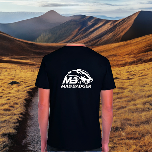 madbadger Black short sleeve tee shirt in with with one large screen printed logo to the back and free uk delivery