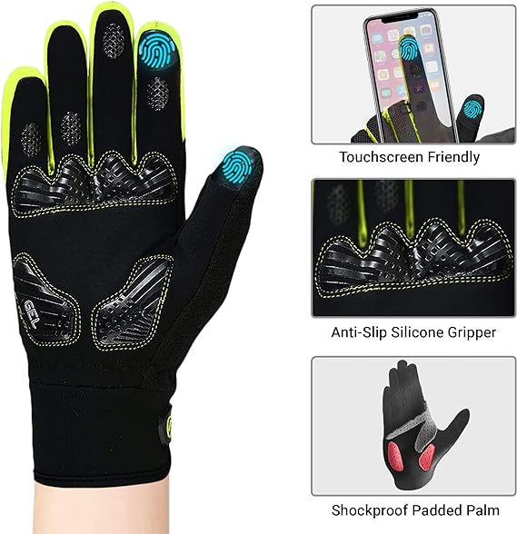 FDX Full Finger Cycling Gloves - Warm Windproof, Mountain Bike Gloves Anti-Slip Padded Palm, Touchscreen, Breathable, Water Resistant MTB Racing and Running Mitts for Men Women