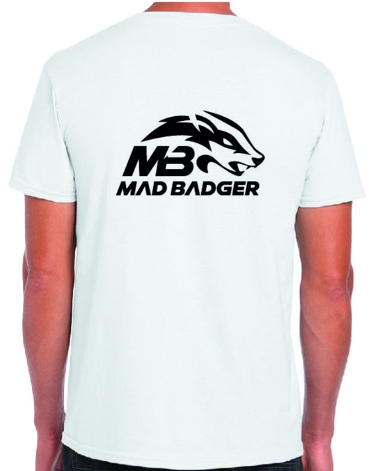 madbadger white short sleeve tee shirt in with with one large screen printed logo to the back and free uk delivery