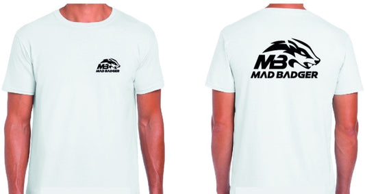 Madbadger short sleeve tee shirt in white with screen printed logo and free uk delivery